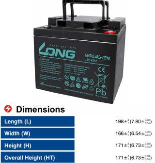 ẮC QUY KÍN KHÍ (VRLA AGM) LONG 12V-45AH (20HR), WPL45-12N, F8-M6